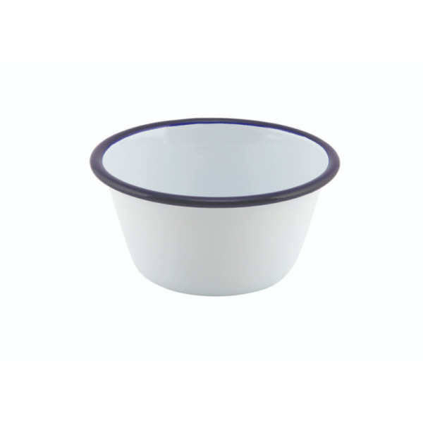 Emaille ovenschaal rond met blauwe rand 12 cm