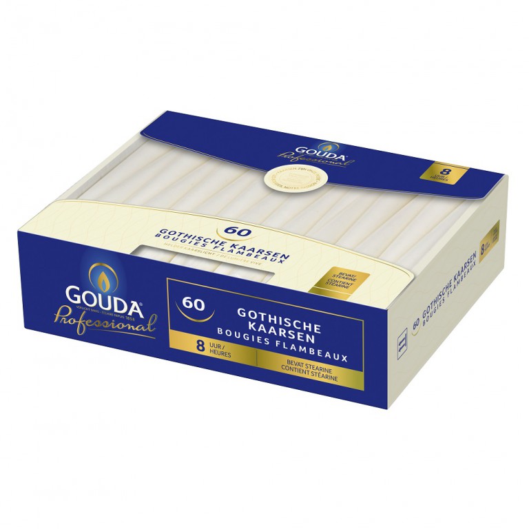 Gouda Gotische Kaars Stearine Wit (60 stuks)