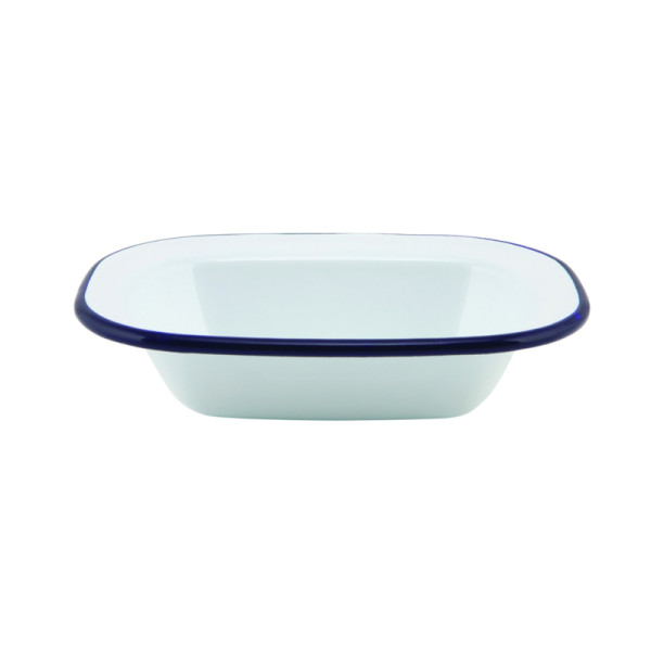 OP BESTELLING: Emaille ovenschaal met blauwe rand 16 cm