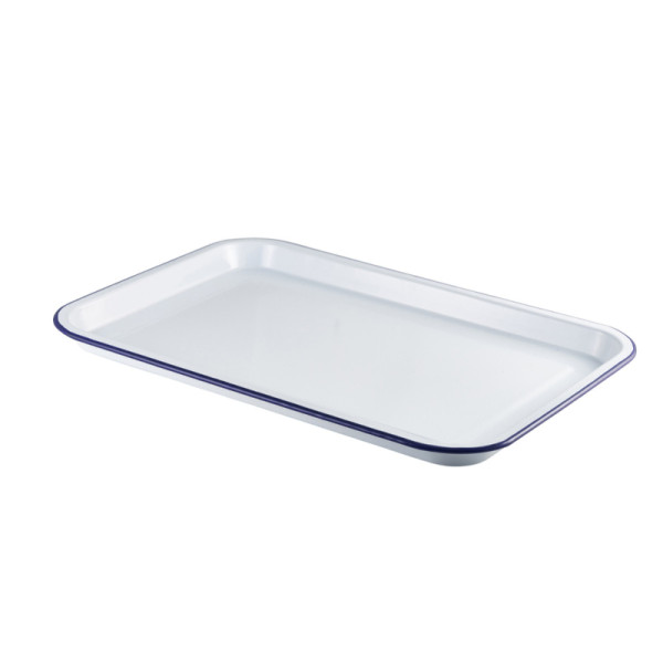 OP BESTELLING: Emaille foodplateau wit/blauw 30,5 x 23,5 cm