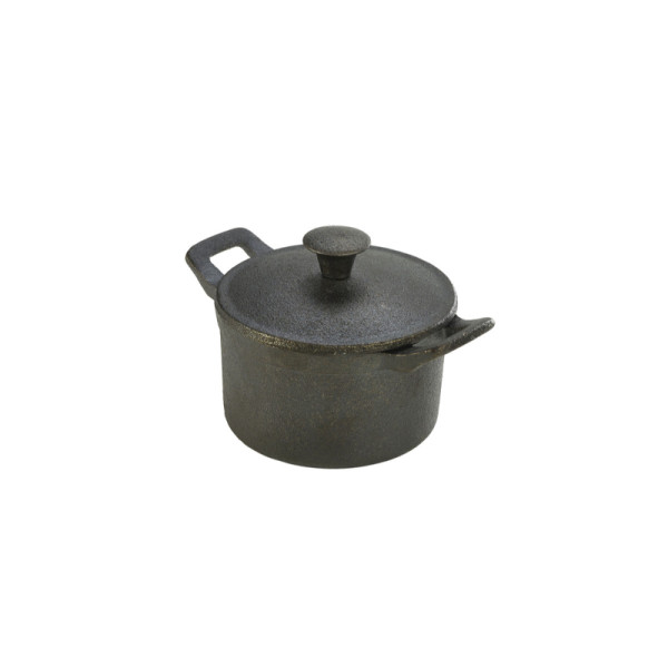 OP BESTELLING: Gietijzer mini pan rond met handvat/deksel 400 ml