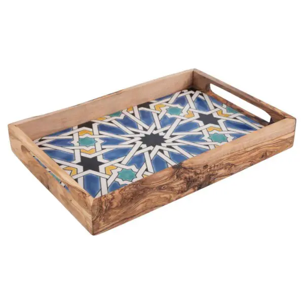 Pure Olive Wood <br /> Dienblad Met Mozaïek Blauw 22 x 32 cm