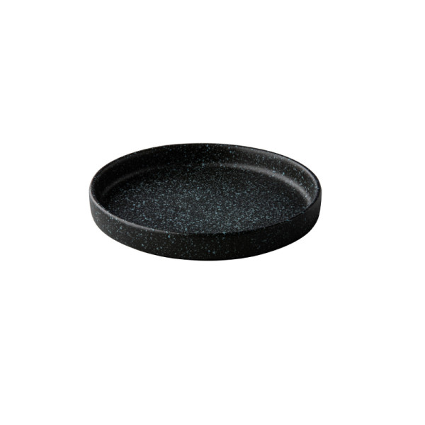 Bord opstaande rand zwart met blauwe spikkels 17cm