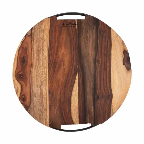 Pure Rose Wood Serveerplank Rond Met 2 Metalen Handgrepen <br /> Ø 39 x 4 cm