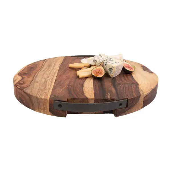 Pure Rose Wood Serveerplank Rond Met 2 Metalen Handgrepen <br /> Ø 39 x 4 cm - Afbeelding 2