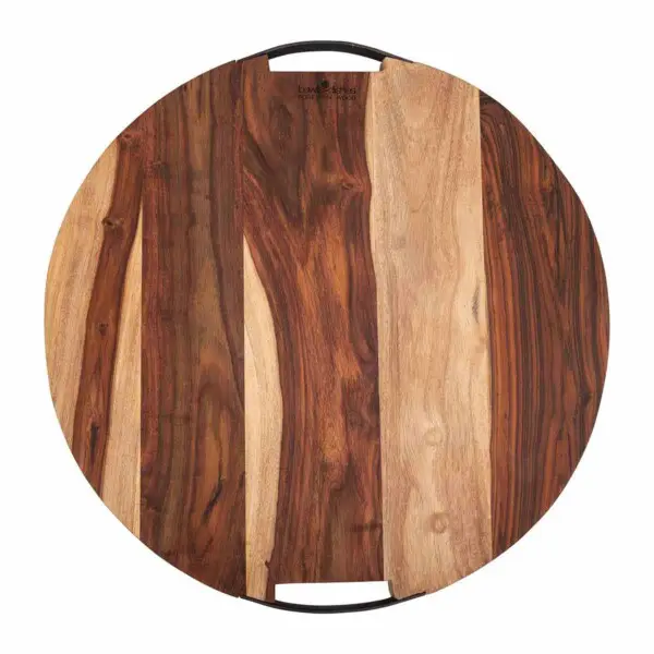 Pure Rose Wood Serveerplank Rond Met 2 Metalen Handgrepen <br /> Ø 49 x 4 cm - Afbeelding 2