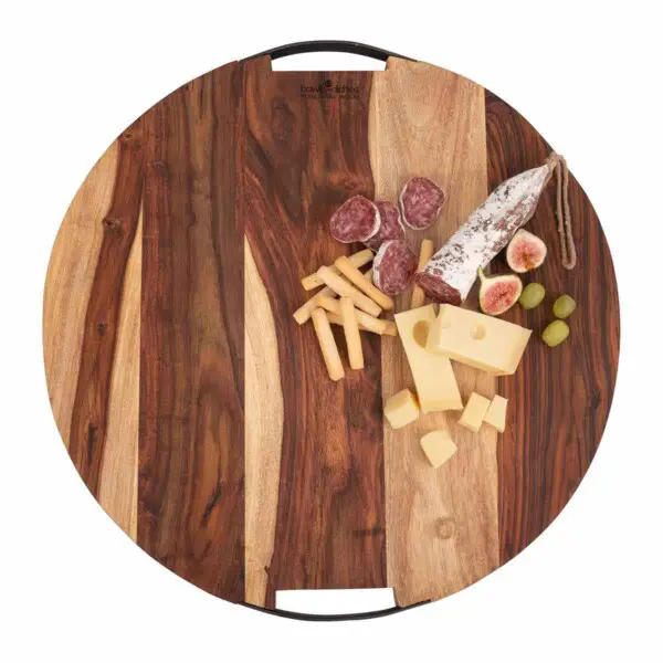Pure Rose Wood Serveerplank Rond Met 2 Metalen Handgrepen <br /> Ø 49 x 4 cm