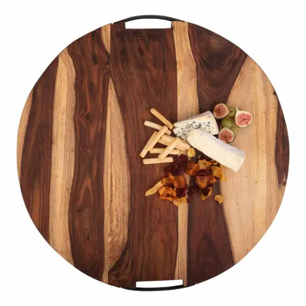Pure Rose Wood Serveerplank Rond Met 2 Metalen Handgrepen <br /> Ø 59 x 4 cm