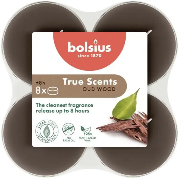 Bolsius Geurtheelicht Maxi <br /> Clear Cup True Scents Oud Wood (8 stuks)