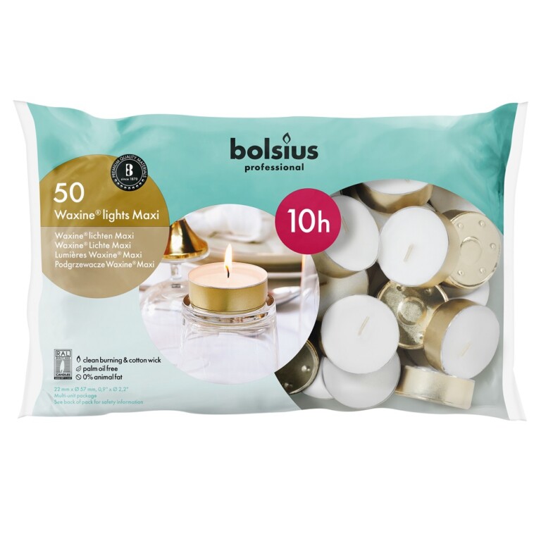 Bolsius Professional Maxi Waxine®lichten 10-uur Gouden Cup (50 stuks)